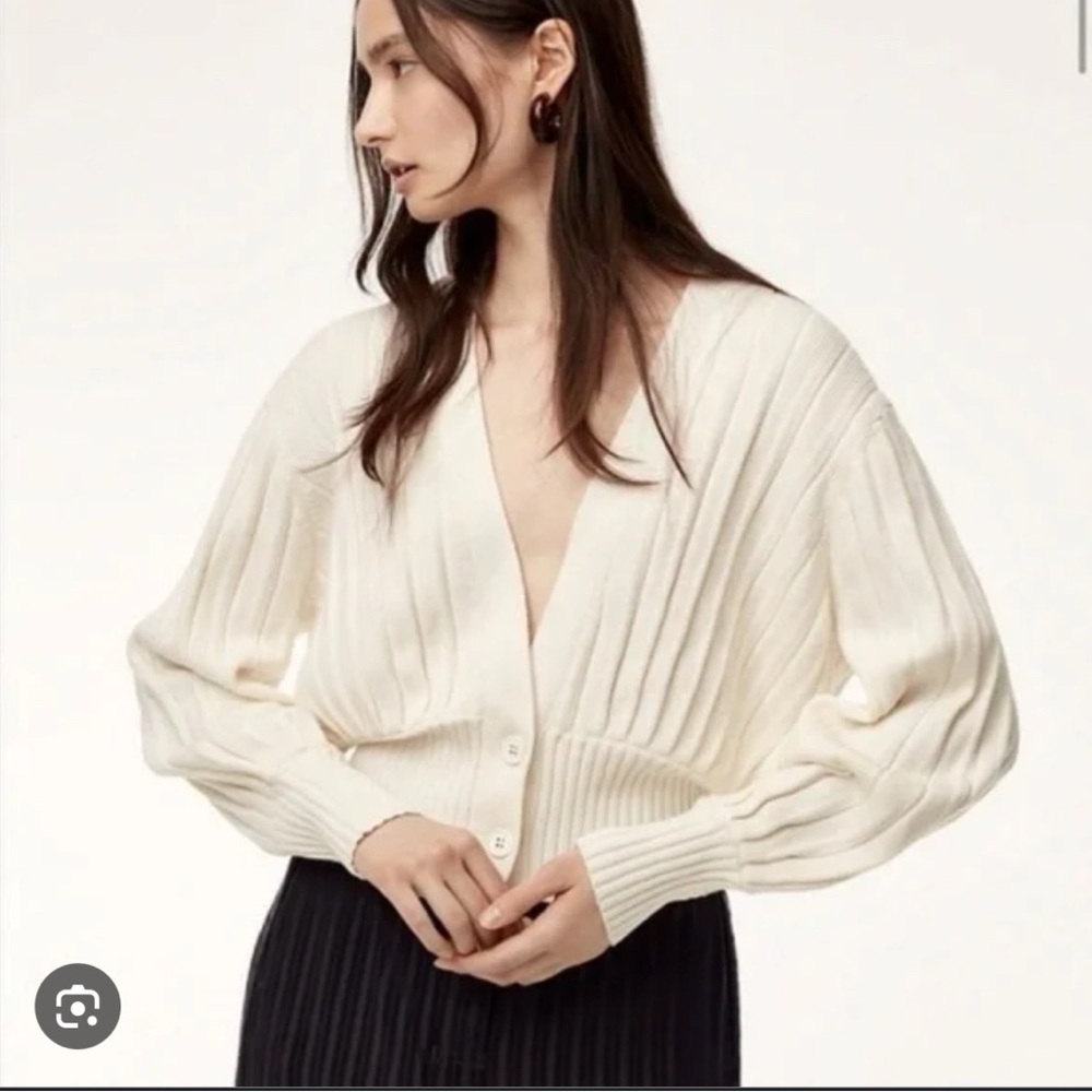 Aritzia Cream Ribbed V-Neck Button Cardigan